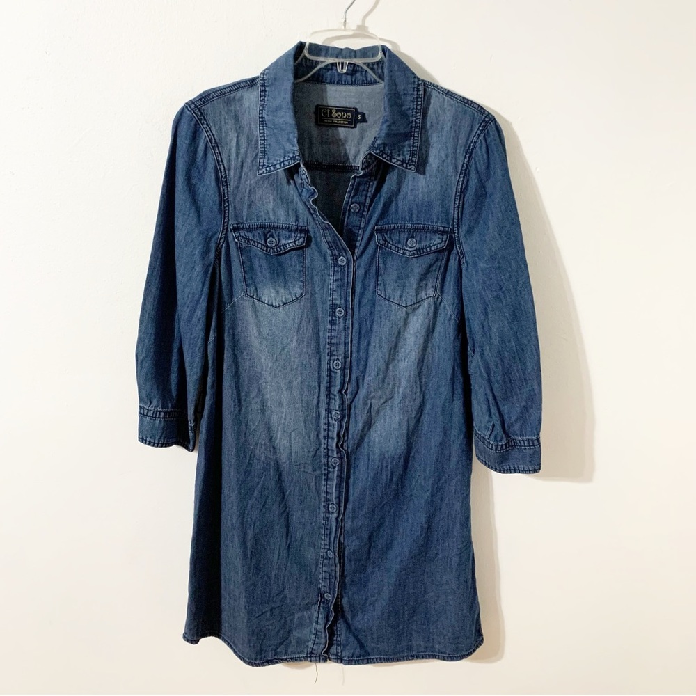 Vi Sono Darker Wash Denim Jean Shirt Dress Button Pointed Front Collar Distress